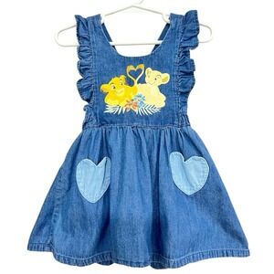 Disney Lion King Denim Pinafore Dress Baby Sz 12 M Blue Patched Pockets Retro